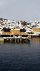 a group of houses on a dock in the water at Lofotbo in Stamsund