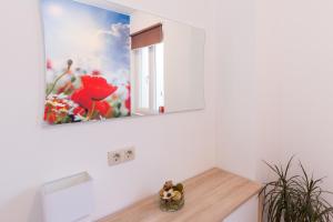 a mirror on a wall above a kitchen counter at The Golden Island apartments in Krk