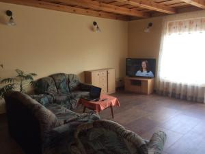 a living room with two couches and a flat screen tv at Sóstó Gold Vendégház in Nyíregyháza