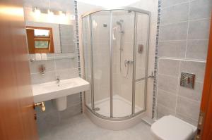 a bathroom with a shower and a sink and a toilet at Tündérpart Vendégház in Eger