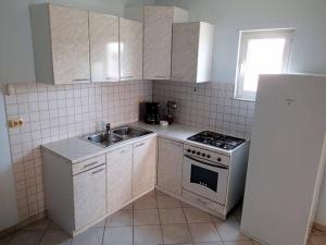 een kleine keuken met een wastafel en een fornuis bij Apartments Felicce in Rab