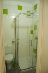 a bathroom with a toilet and a glass shower at Origens Hostel in Sines +28 photos