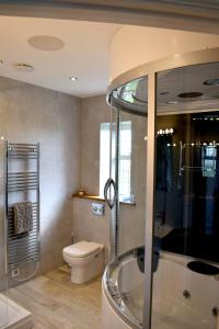 a bathroom with a glass shower and a toilet at The White Hart Inn in Alfreton