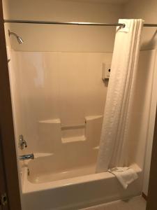 a bathroom with a tub and a shower with a shower curtain at Harborview Inn in Seward