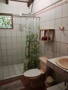 a bathroom with a toilet and a shower and a sink at Cabinas Caribe Luna in Cahuita