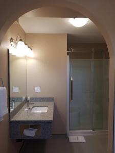 a bathroom with a shower and a sink and a mirror at Sunrise Motel in Regina