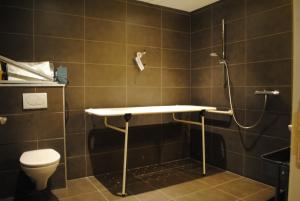 a bathroom with a shower and a sink and a toilet at Equus in Ostend