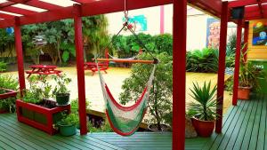 een hangmat hangend aan een pergola op een patio bij Bazil's Backpackers BBH Hostel & Surf School in Westport