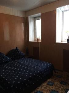 ポルタヴァにあるSauna complex Parkaのベッドルーム1室(ベッド1台、窓2つ付)