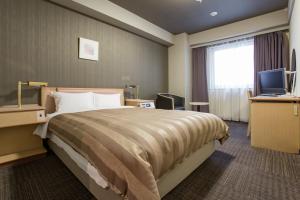 um quarto de hotel com uma cama e uma televisão em Hotel Route-Inn Tokyo Ikebukuro em Tóquio