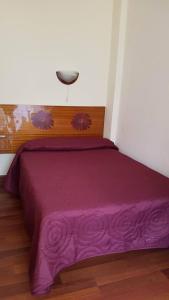 1 dormitorio con cama morada y cabecero de madera en Pension Martinez, en Bilbao