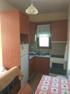 kuchnia z drewnianymi szafkami i białą lodówką w obiekcie Ioannis Stagkonis Apartment w mieście Ajos Nikolaos