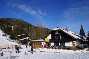 a group of people standing outside of a ski lodge at Appartments Prinz - Gerlitze in Tobitsch