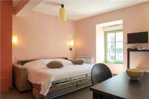 a bedroom with a bed and a table and a television at Résidence Les Rives Du Bès in Saint-Juéry