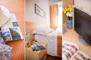 três fotografias de um quarto de hotel com uma televisão e uma cama em Albergo La Piazzetta em Rapallo