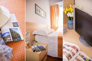 3 foto di una camera d'albergo con TV e letto di Albergo La Piazzetta a Rapallo