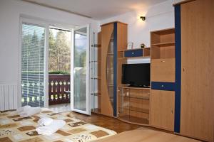 a living room with a tv and a room with at Apartments and rooms Cerkovnik in Bohinj