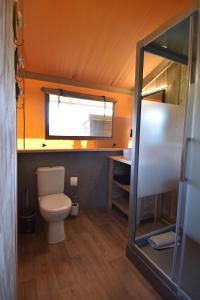 a small bathroom with a toilet and a mirror at Glamping Aan de Vleterbeke in Oostvleteren