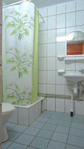 y baño con cortina de ducha y lavamanos. en U Sergeya, en Berehove