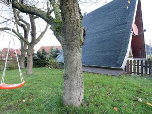 a tree with a swing in front of a house at Cosy Holiday Home in H ttenrode with private terrace in Hüttenrode