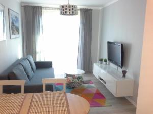 a living room with a blue couch and a tv at Apartament Podgórze 21 in Szklarska Poręba