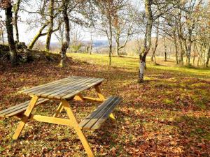 a wooden picnic table and a bench in a park at Historic holiday home with garden in Fargues