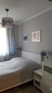 sypialnia z białym łóżkiem i oknem w obiekcie Apartament Podgórze 21 w Szklarskiej Porębie
