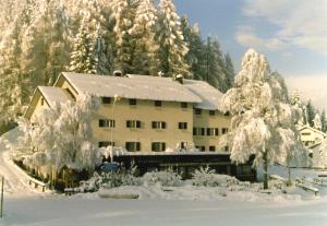 a building covered in snow in front of trees at Hotel Compet in Levico Terme