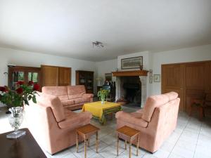 ナソーニュにあるCozy Holiday Home in Lesterny near Lakeのリビングルーム(ピンクの家具、暖炉付)