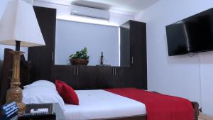 卡利阿科公寓的一间卧室，里面有一张床和一台平板电视