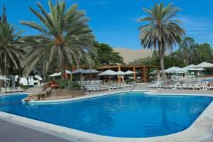 a large swimming pool with palm trees and chairs at Hotel Las Dunas in Ica