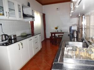 eine Küche mit weißen Schränken und einer Spüle aus Edelstahl in der Unterkunft Irinjalakuda House in Udagamandalam