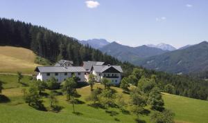 uma casa numa colina com montanhas ao fundo em Klein Schöntal em Göstling an der Ybbs