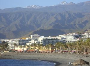 a city with palm trees and buildings and mountains at Floris's Home in Los Cristianos