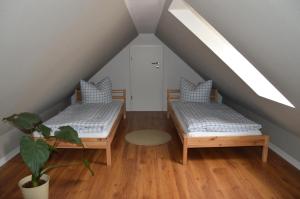 a attic room with two beds and a plant at Ferienwohnung Gänsemarkt in Born