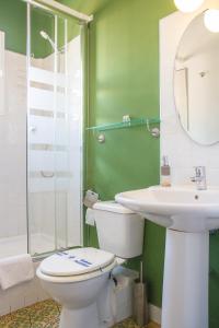 a green bathroom with a toilet and a sink at Villa Alicia Guest House in Málaga