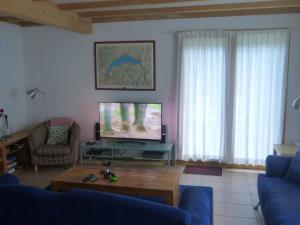 sala de estar con sofá azul y TV en Spacious chalet near the ski area, en Saint-Jean-dʼAulps