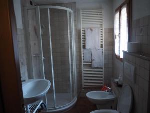 y baño con ducha, lavabo y aseo. en monolocale in villa, en Macugnaga