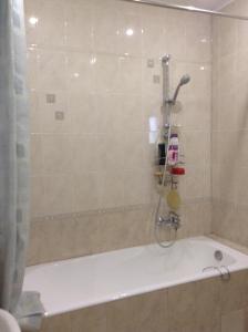 a shower in a bathroom with a tub at Bright room near International Exhibition Centre in Kyiv