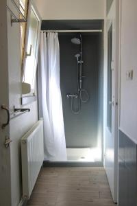 a bathroom with a shower with a shower curtain at Le Jules in Colmar