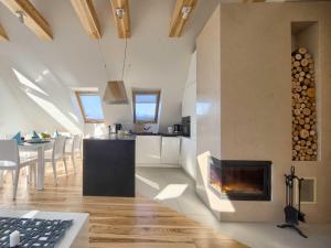 a kitchen and living room with a fireplace in a house at VisitZakopane - Superior Apartment in Zakopane