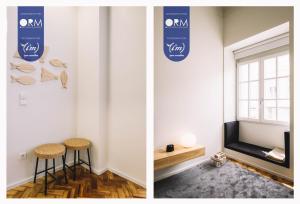 - un salon avec une télévision et deux tabourets dans l'établissement ORM - Saraiva de Carvalho Apartments, à Porto