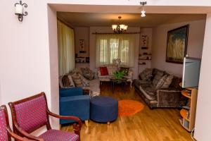a living room with a couch and chairs and a tv at Noring Guest House in Lupeni