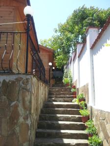 a set of stairs leading up to a building at Zlatnoto Pile Restaurant & Rooms in Kranevo