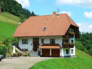 een klein huis met een rood dak op een heuvel bij Black Forest farmhouse in charming location in Hofstetten