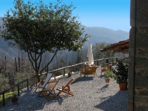 eine Terrasse mit Stühlen, einem Sonnenschirm und einem Baum in der Unterkunft Belvilla by OYO Olivi Rosso in San Quirico