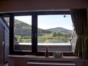 a window with a view of a lake and mountains at Spacious Apartment in Niedersfeld near Lake in Winterberg
