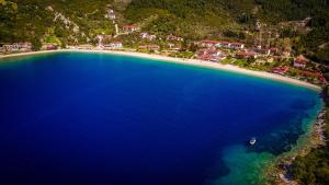 an aerial view of a beach with a boat in the water at Panormos Beach Hotel Skopelos in Panormos Skopelos