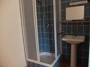 uma casa de banho com um chuveiro e um lavatório. em Auberge du prieure em Saint-André-de-Rosans
