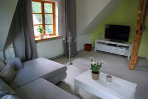 a living room with a couch and a tv at Sternenhimmel in Bleckede